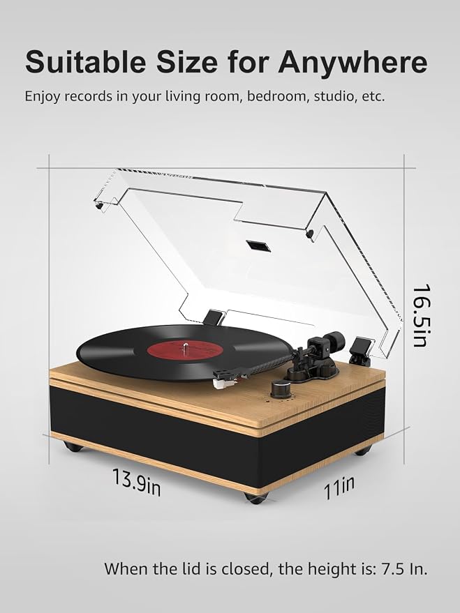 Vinyl Record Player Bluetooth Turntable with Built in Speakers High Fidelity Belt Drive 2-Speed Turntables with Magnetic Cartridge AT-3600L Record Players with Light Strip, Support RCA Output, Walnut