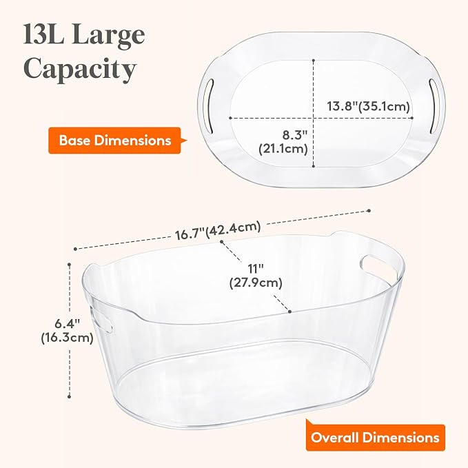 Lifewit 13L Ice Bucket for Parties, Large Plastic Drink Cooler for Champagne Wine, Beer, Clear Beverage Tub for Mimosa & Cocktail Bar, Portable Chiller for Party Hosting & Serving