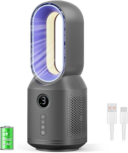 Desk Fan,13 Inch Portable Bladeless Fan, Small Quiet Office Fan with 106° Oscillating, 3 Speeds & Night light, LED Display,Button Control, Personal Battery Operated Table Fan for Bedroom, Office, Home
