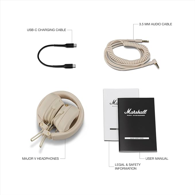 Marshall Major V Wireless On-Ear Bluetooth Headphones - 100+ Hr Playtime | Detachable Audio Cable | Microphone for Calls | Lightweight, Foldable Design for Travel - Cream