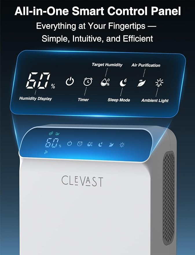 CLEVAST Dehumidifier for Home with Drain Hose, 68oz Water Tank Smart Humidity Control, Auto Shut Off, Quiet Small Dehumidifiers for Bathroom, Bedroom, Basement, RV and Camper