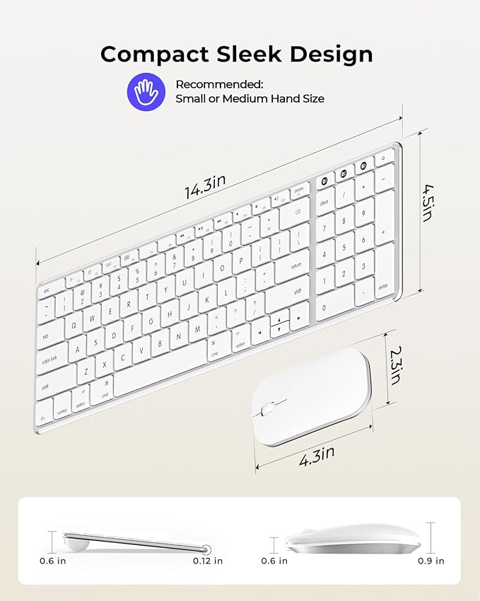 seenda Bluetooth Keyboard and Mouse Combo for Mac, SKM64-2 Rechargeable Silent Wireless Keyboard Mouse Compact Slim, 3 Multi-Device Connection, Compatible for Mac MacBook Pro/Air iPad, White Silver