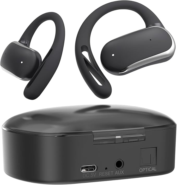 2.4GHz Wireless TV Headphones for Seniors, Open-Ear Hook Design for All-Day Comfort, Plug-and-Play (No Bluetooth), Low Latency, 50ft Range, Charging Case Transmitter with Optical & 3.5mm AUX Cables