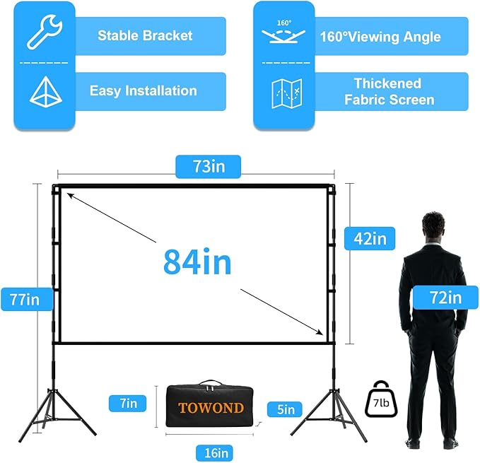 TOWOND Projector Screen with Stand, 84 inch Outdoor Projector Screen Portable Indoor Projection Screen 16:9 4K Rear Front Movie Screen with Carry Bag for Home Backyard Theater 84 inch