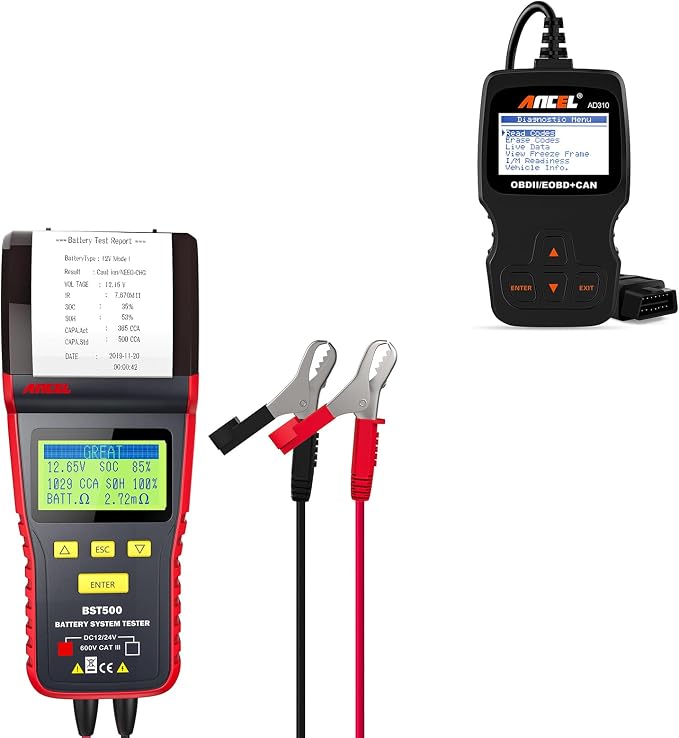 ANCEL BST500 Car Battery Tester with Printer and ANCEL AD310 Classic Enhanced Universal OBD II Scanner Car Engine Fault Code Reader