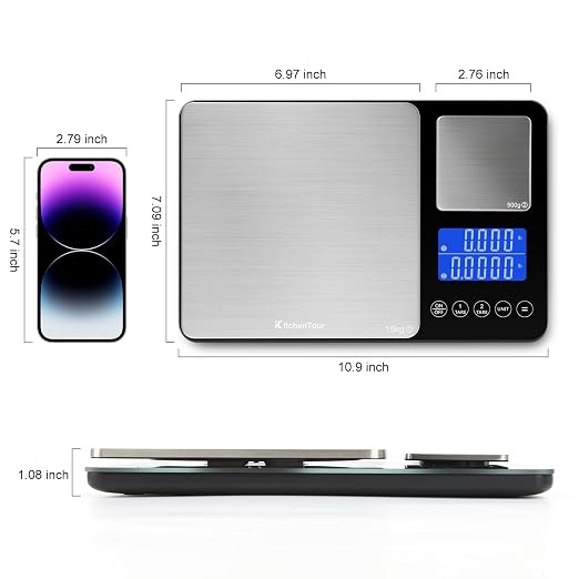 KitchenTour Digital Food Scale for Kitchen, 0.001oz/33lb Dual Platform Precision Smart Kitchen Scales Digital Weight Grams and Ounces for Home Cooking Baking Meal Prep Sourdough Bread, Stainless Steel