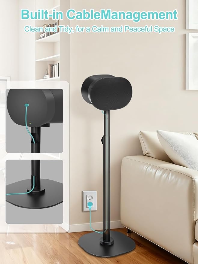 Haturi Speaker Stands Pair for Sonos Era 100, Era 100 SL & Era 300, Adjustable 22"–42" Floor Stands with Cable Management Heavy Duty Metal Construction Non-Slip Base for Living Room Bedroom Office
