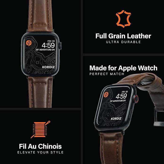 KORDIZ Traditional Leather Band for Apple Watch ULTRA 3, ULTRA 2/1 & Series 11, 10, 9, 8, 7-1, SE3, SE2, SE - Genuine Full Grain Leather Wristband - Men Women Replacement Band for iWatch Apple Watch [ 49mm 46mm 45mm 44mm ]