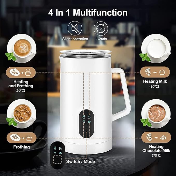 Milk frother, 4 in 1 milk frother with heating function, 580ml/19.6oz Automatic hot and cold coffee foamer, Latte, Cappuccino, Macchiato, Hot Chocolate, milk steamer with temprature control (1, White)