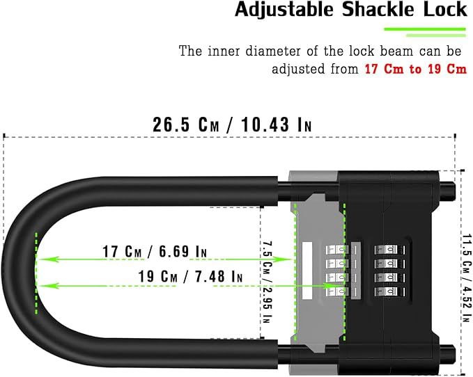 4 Digit Combination Padlock,Heavy Duty Anti Theft U-Shape Security Code Lock with Adjustable Shackle,for Bicycles, E-Bike,Mountain Bike,Road Bike,Gates,Shed, Fence [ Adjustable Range 170-190mm]