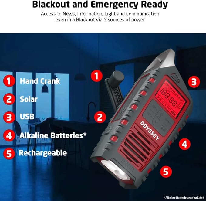 Eton Odyssey Hand Crank NOAA Weather Radio, All Band Emergency Radio, AM/FM Shortwave Storm Radio, Bluetooth, Phone Charger, RDS, Solar, Multi-Function Flashlight, Camping, Hiking