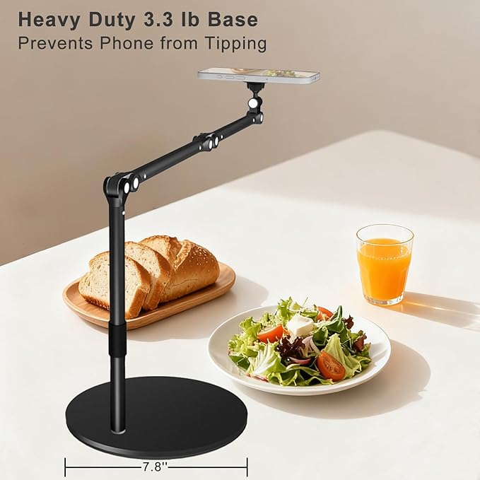 Magnetic Overhead Phone Mount for Desk, MagSafe-Compatible 17 in Long Arm iPhone Holder, 360° Swivel Stand for Video Recording, Filming, Live Streaming, Cooking, and DIY Crafts