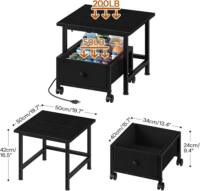 HOOBRO Mini Fridge Stand with Non-Woven Storage Basket and Power Outlet, Mini Fridge Cabinet with Wheels and Adjustable Feet, Mobile Fridge Shelf, for Home, Apartment, Dorm, Black BB355UBX01