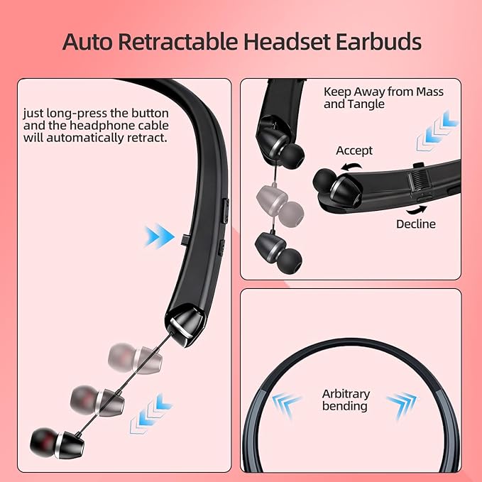 Bluetooth Headphones Neckband, Retractable Headset Wireless Sports Earbuds Noise Cancelling Stereo Earphones with Microphone, IPX5 Sweatproof, Compatible with iPhone Android (Black)