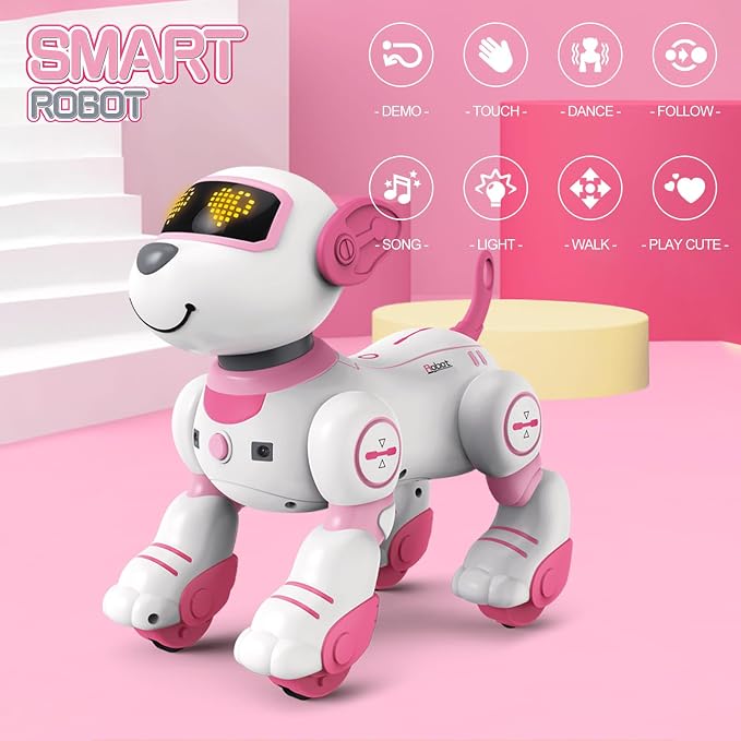 Robot Puppy Dog, Robot Puppy with Dance, Music, Light Effects, Interactive Programmable Intelligent Remote Control Dog AI Toys for Teens Adults Chrismas Birthday (Pink)