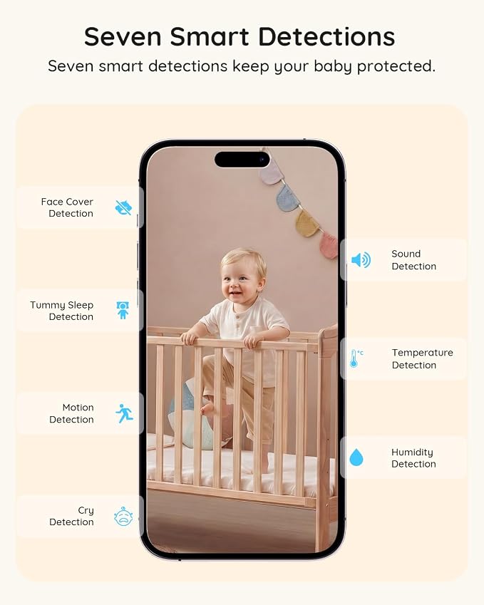 BOIFUN AI Baby Monitor with Camera and Audio, Safety Alerts (Tummy Sleeping & Face Area), WiFi Smartphone APP Control, Colorful Night Light, 2K HD Night Vision, Motion & Cry Detection, Two-Way Talk