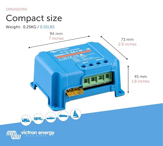 Victron Energy Orion-Tr DC to DC Converter 24/12-Volt 15 amp 180-Watt | IP43 Protected, for Dual Battery Systems, Non-Isolated