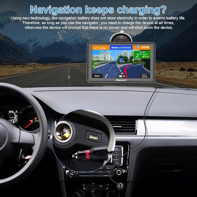 AWESAFE GPS Navigator for Car, Latest 2026 Map 7 Inch Touch Screen, Real Voice Spoken Turn-by-Turn Direction Reminding Navigation System for Cars, Vehicle GPS with Speed and Red Light Warning