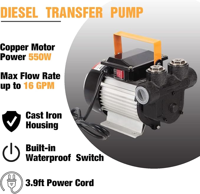 TOPWAY 110V AC 16GPM Electric Self-priming Oil Fuel Diesel Kerosene Biodiesel Transfer Pump Kit w/Discharge Hose & Nozzle