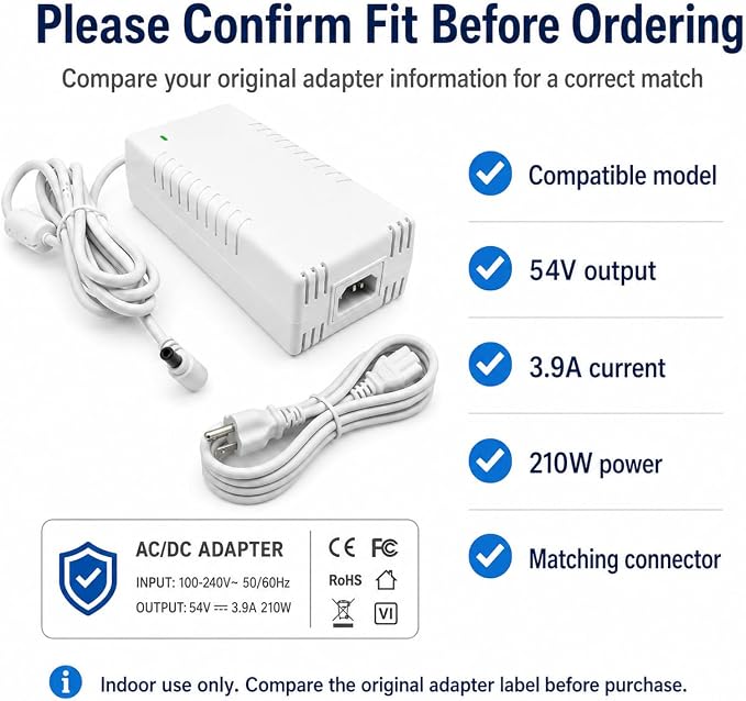 MSMJFSA UACC-Adapter-AC-210W 54V 210W AC Adapter for Ubiquiti UniFi | Fits Ubiquiti UniFi US-XG-6POE and USW-Ultra-210W switches; 54V 3.9A 210W white replacement power adapter.