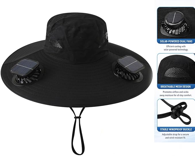 zengxiaoyun Hat with Fan,Solar Fan Hat, Hat with Fans Solar Power for Men Women, Solar & USB Charging Sombrero Black