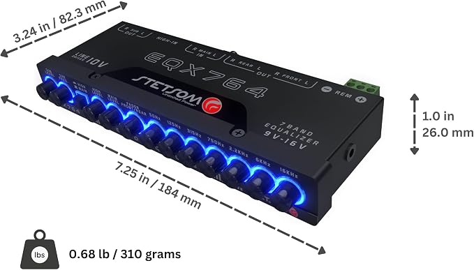 Stetsom EQX764-7 Band Equalizer, Pre-Amp Car Audio Graphic Equalizer with 4 Inputs (RCA & High) 6 Outputs, 10v Line Driver to Avoid Noise and Dedicated Sub Controls (Level & Frequency)