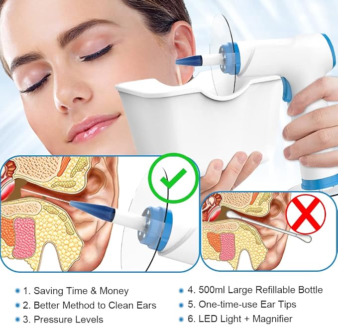 Temodu Electric Ear Wax Removal Kit, Rechargeable Earwax Remove Removal Ear Irrigation System, and Effective Clean Ear, Features Disposable Tips & Ear Catch Basin (9+1 Disposable Tips) (Blue)