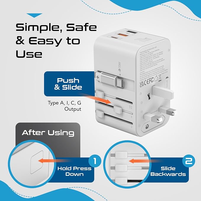 Ceptics GAN 70W Universal Travel Adapter with 65cm Retractable USB-C Cable, 2X USB-A (1x QC 3.0), 1x Type C Port (PD 70W), Universal Power Adapter with Type A, C, G, I Output