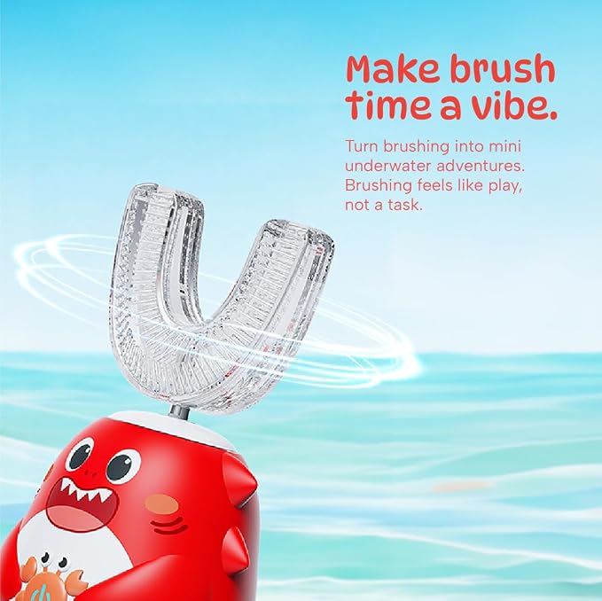 Well Before Kids U Shaped Electric Toothbrush with 5 Brush Heads, Ultrasonic, 5 Modes, IPX7 Waterproof Design (Shark, Red Ages 2-7)