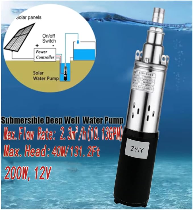 12V Deep Well Submersible Pump 200W DC Solar Power 3" Bore Stainless Steel Submersible Deep Well Pump High Lift 131ft Pressure Well Water Pumps for Home,Industrial,Irrigation Use,1" Outlet