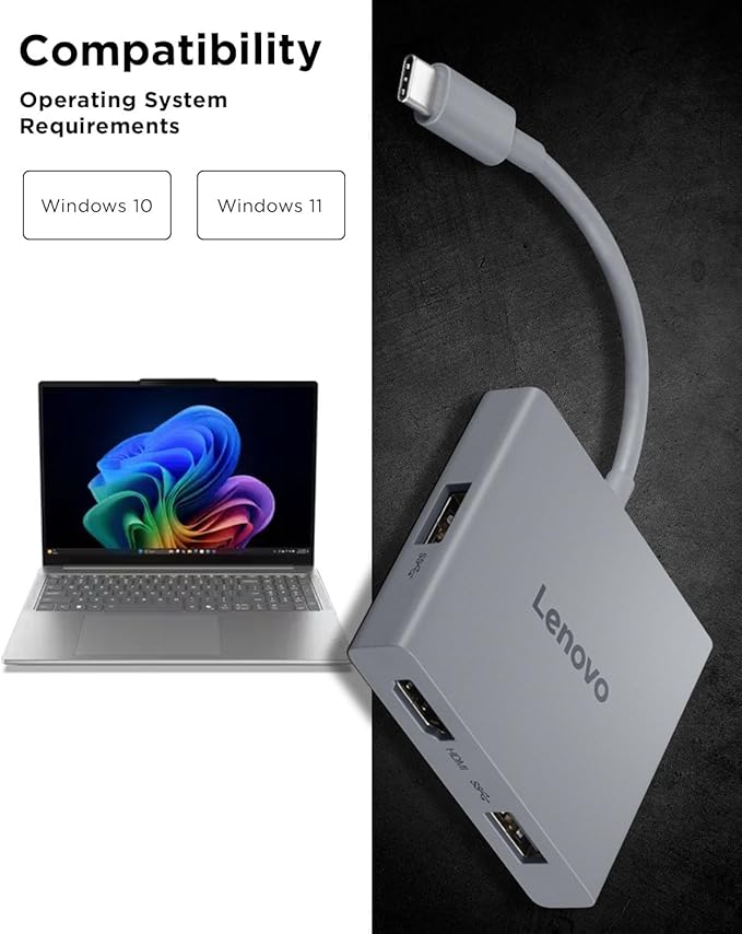Lenovo USB-C 4 in 1 Travel Hub Block with Integrated Cable, 1x HDMI 4K @ 60Hz, 2X USB-A 3.2, 1x 3.5mm Combo, Luna Grey – Portable, Compact, High-Speed Connectivity Laptops PC Gaming Console Charging