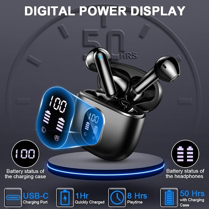 Wireless Earbuds, Bluetooth Headphones, Stereo Bass Ear Buds with ENC Noise Cancelling Mics, Bluetooth Earbuds with LED Display Charging Case, IP7 Waterproof Earphones for Android iOS/Glossy black