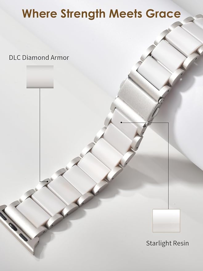 V.R.HOPE Apple Watch Band for Women 42mm 44mm 45mm 46mm 49mm Fashion Rose Gold Stainless Steel Metal Strap with Resin Inlay, Fashion Bracelet Compatible with iWatch Series Ultra3/11/10/9/8/7/6/5/4/3/2/1/SE （Starlight+Starlight)