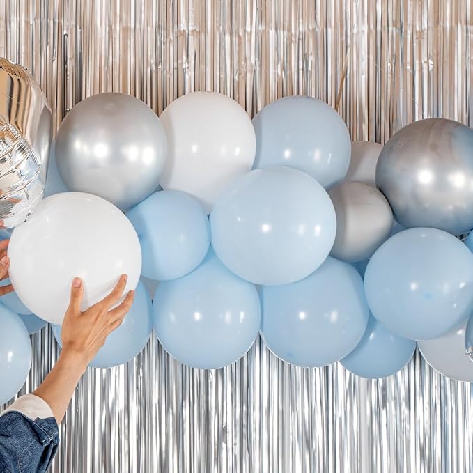 Restaurantware-Balloonify Balloon Garland Set, 1 Party Decoration Kit - 139 Balloons, With Chain, Blue, White, & Silver Latex Balloon Arch Kit, Includes Glue Dots