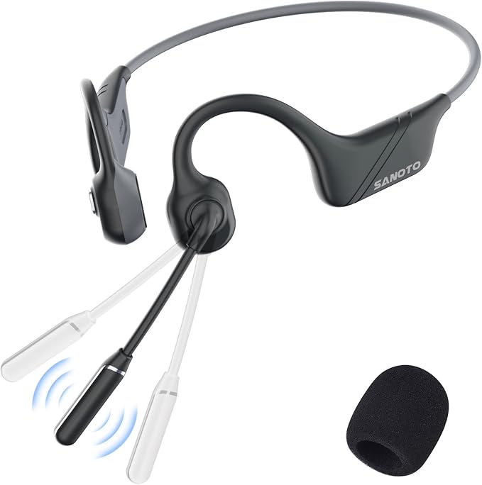 SANOTO Bone Conduction Headphones with Mic, Bluetooth Headset with Microphone Noise Canceling & Mute, Wireless Headset with Sponge Microphone Windscreen, Open Ear Headphones for Work Driving Call