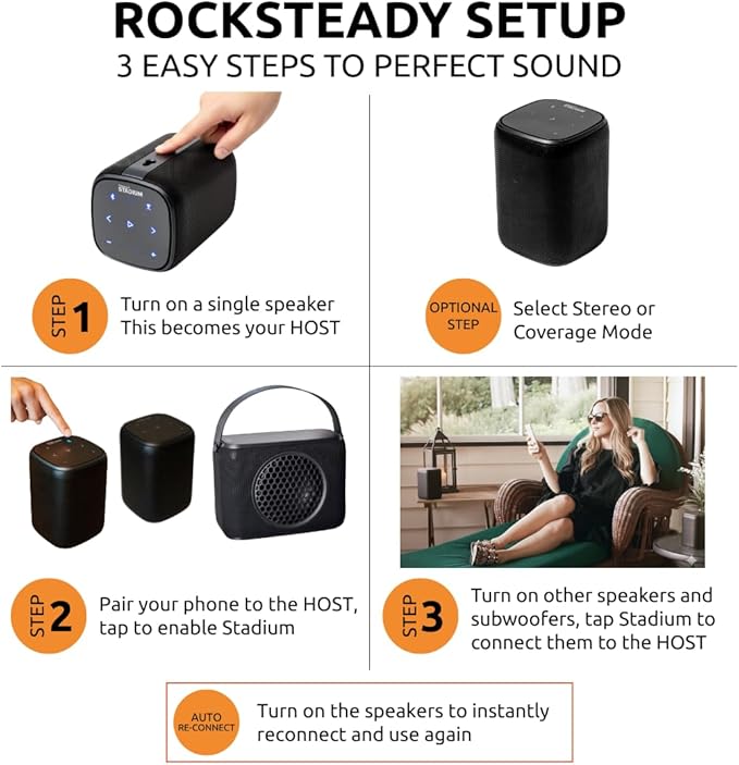 Rocksteady Stadium Speakers: Immersive, connectible, and up to 150 ft of Range. Up to 30 Hours of Battery Life. (1)