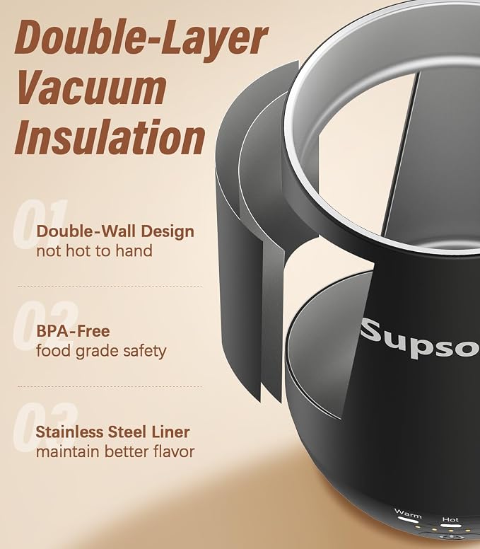 Supsonic - 16oz Self Heating Coffee Mug, Smart Heated Coffee Mug Faster Direct-Contact Heating Up to 149°F, Coffee Mug Warmer Set with Auto Shut-Off - Gifts for Men Women | S2