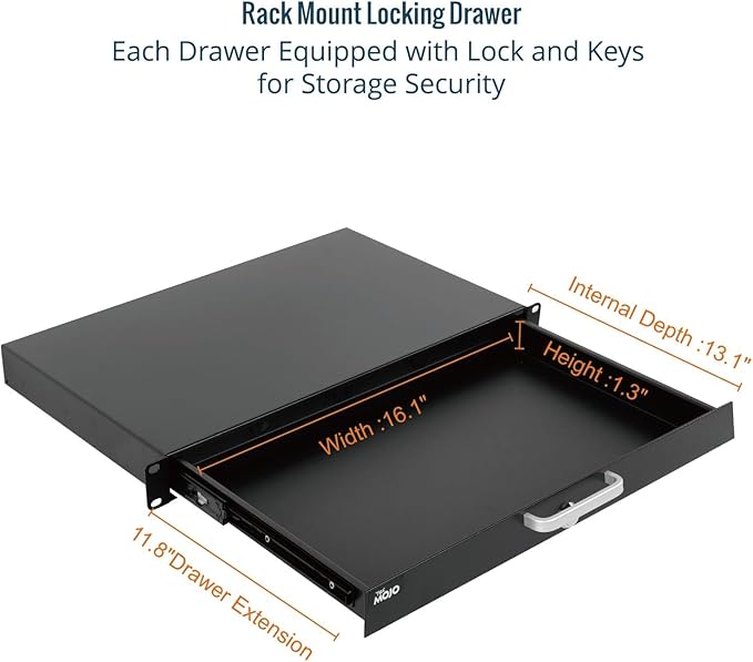 Tecmojo 1U Rack Drawer,Rack Mount Drawer for 19in Network Equipment/Server/AV Rack or Cabinet Enclosure,Sliding and Lockable Server Rack Drawer - Load-Bearing 44lb (20kg),with Cable Management Holes