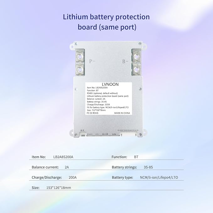 LB2A Smart Active Balancer BMS for Li-ion NCM LFP LiFePo4 LTO Battery Management System 3S 4S 5S 7S 8S 200A with APP Control 12V 24V (3-8S, 200A)