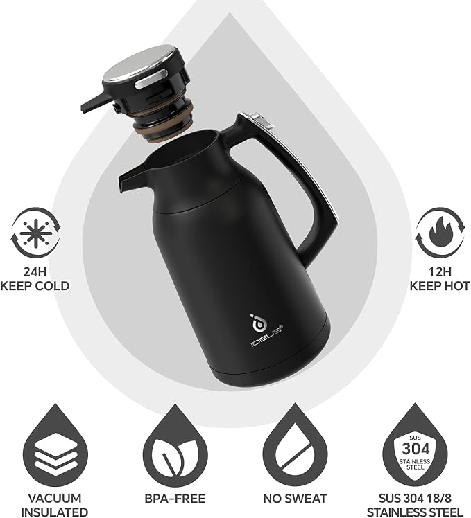 IDEUS Thermal Coffee Carafe, Stainless Steel Double Wall Insulated Vacuum Flask, Water Jug Coffee Server and Beverage Dispenser, Heat and Cold Retention (Black, 68, Fluid Ounces)