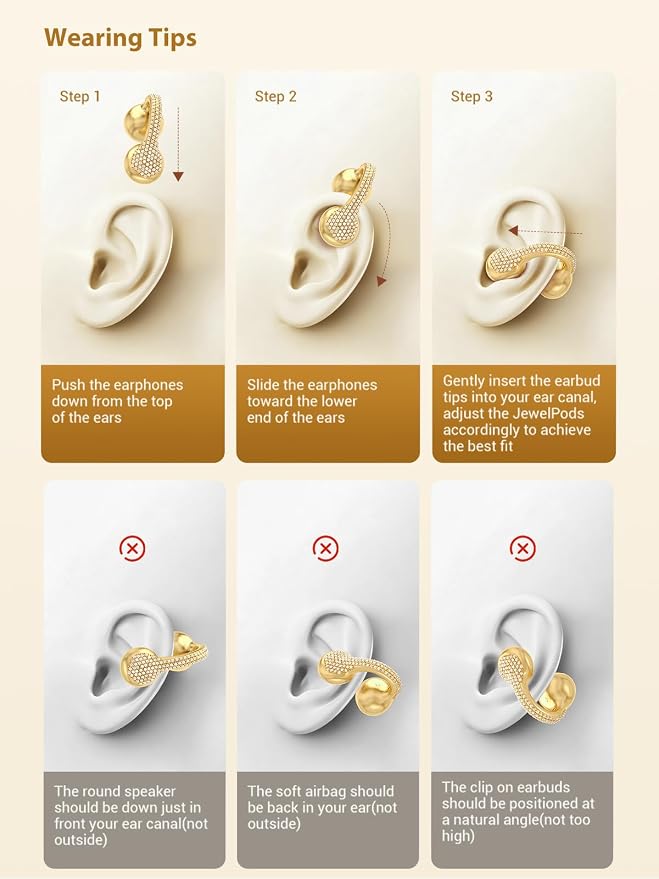 JewelPods C01 Pro Open Ear Headphones,Luxury Jewelry Wireless Earbuds,Gold | Clip-On Wireless Bluetooth Earbuds Secure, Lightweight, Premium Audio-Water Resistant-Up to 72 hrs Play,Gift for Her