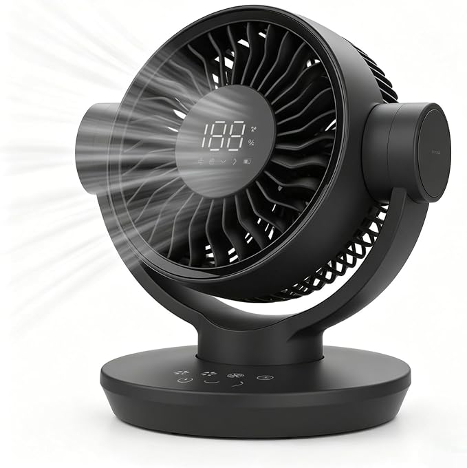 QLKUNLA Air Circulator Desk Fan with Remote, 6 Speeds 10dB Ultra Quiet, Rechargeable, Strong Airflow, LED Display, Table Fan for Bedroom Home Kitchen and Office