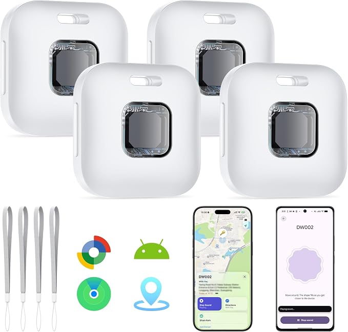 Hoxe Dual System (iOS & Android) Air Tracker Tags 4 Pack, 2026 New Key Finder Tracker Tag Work with Apple Find My & Google Find Hub App, White Smart Tag Suitable for Key, Bag, Luggage, Pet, Car, etc