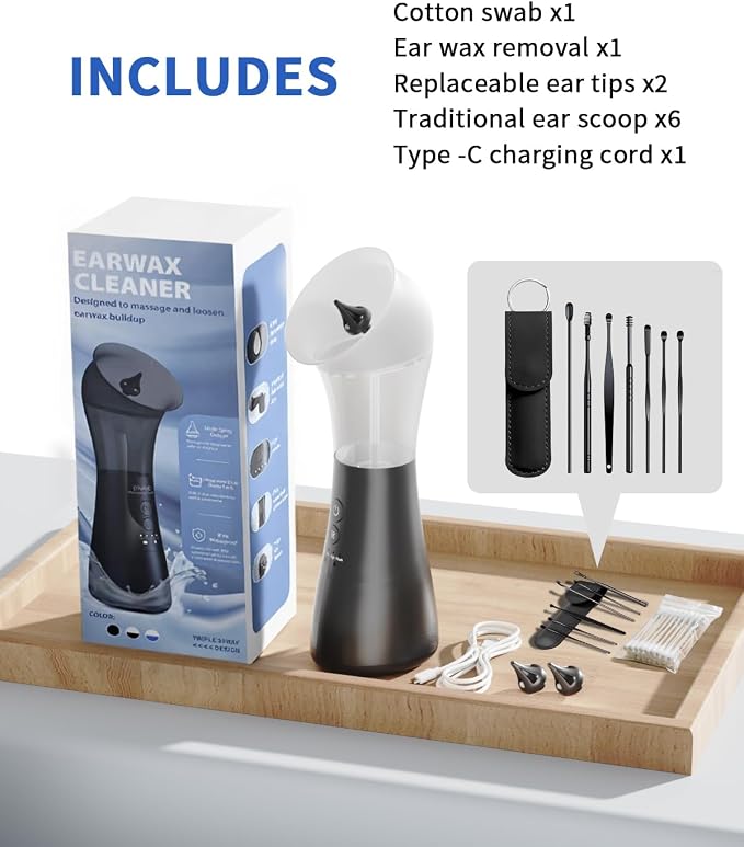 Electric Ear Wax Removal Kit with Integrated Waste Tank, Safe Water Ear Cleaner with Temperature Sensor, 4 Pressure Modes for Varying Earwax Levels – Effective Smart Ear Cleaning for Family Use