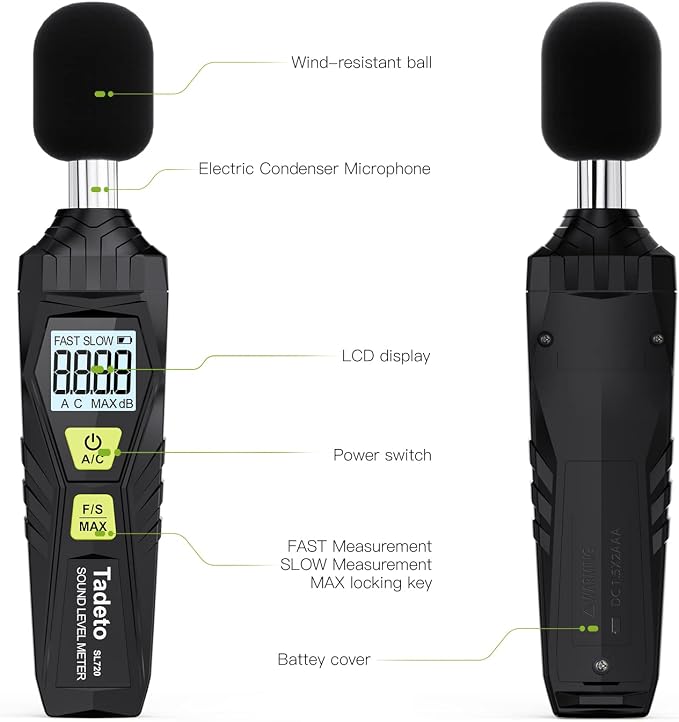 Decibel Meter, Tadeto Digital Sound Level Meter Portable SPL Meter 30dB to 130dB MAX Data Hold with LCD Display Backlight A/C Weighted for Home Factories