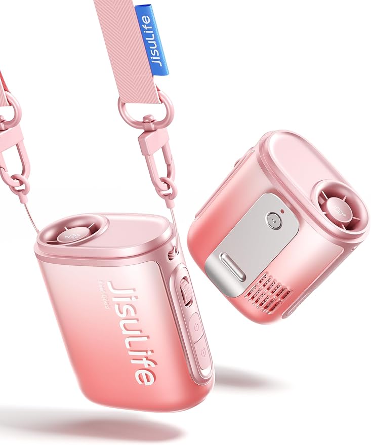 JISULIFE Portable Neck Fan, 100 Speed 40000RPM Cooling, Mini Personal Handheld Wearable Waist Fan, 16H 4500mAh Battery with LED Display, Lightweight in Outdoor, Travel, Jobsite Gifts (Pink)