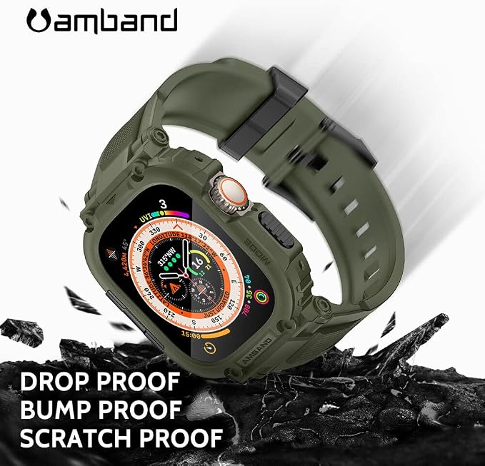 amBand Bands Case Screen Protector Compatible with Apple Watch Ultra 3/2/1 49mm, M1 Sport Series Rugged Cover Strap and 9H Tempered Glass Film, Protective Bumper for iWatch 49 mm Men Army Green
