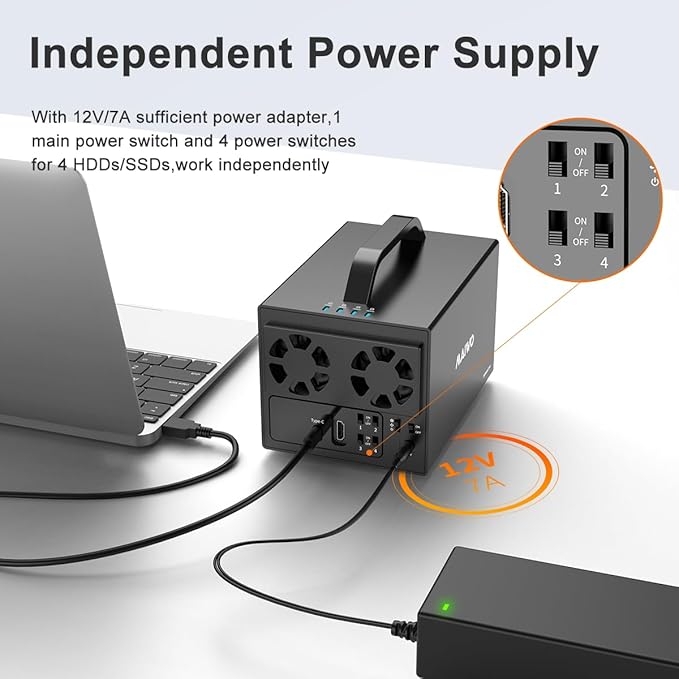 MAIWO 4 Bay Hard Drive Enclosure for 3.5'' SATA HDD with Two Fans,4 Bay HDD Enclosure with 4K HD-MI Port, 96TB Expansion,Independent Hard Drive Power Switch