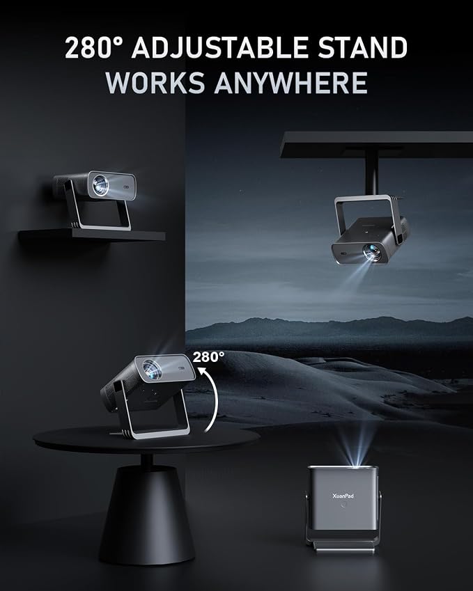 【Black Projector & Built-in Apps】XuanPad Mini Projector with Wi-Fi and Bluetooth, Full HD 1080P Smart Portable Projector with 210° Stand, Auto Vertical Keystone, Compatible with HDMI/USB/TV Stick
