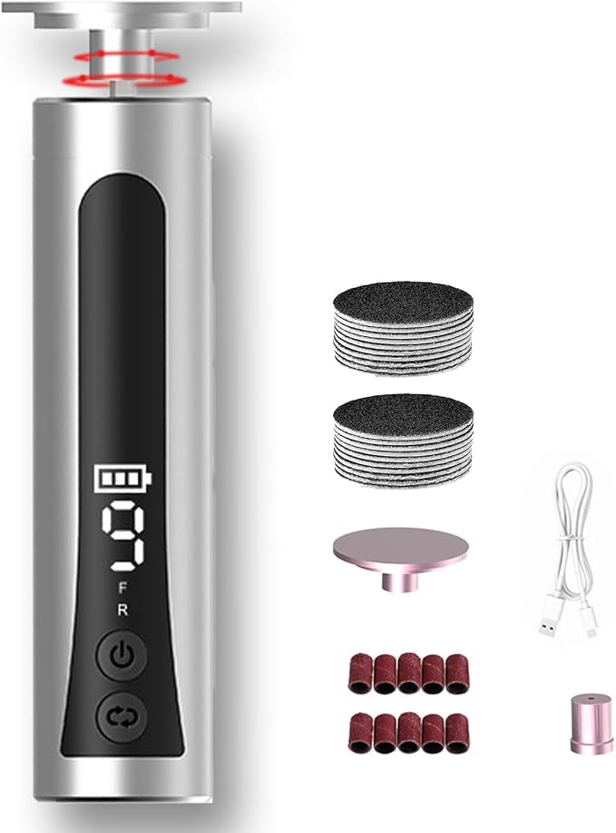 2 in 1 Electric Foot Callus Remover - with Nail Drill File, Aluminum Alloy, 11000RPM, 9 Speeds, with Digital Display, 10 Grinding Heads & 20pcs Sandpaper Discs,Cordless Rechargeable(Silver)